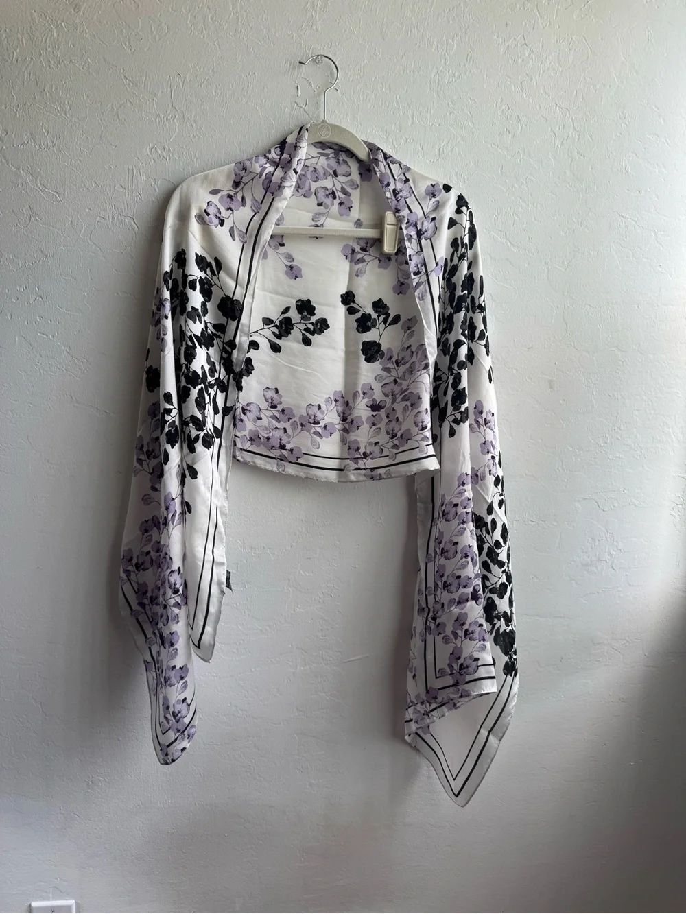 White House black market 100% silk white, black and purple floral scarf shawl